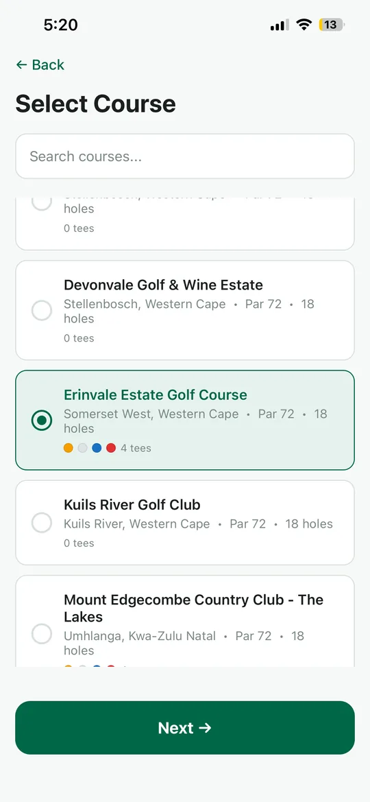 Condor app: course selection screen