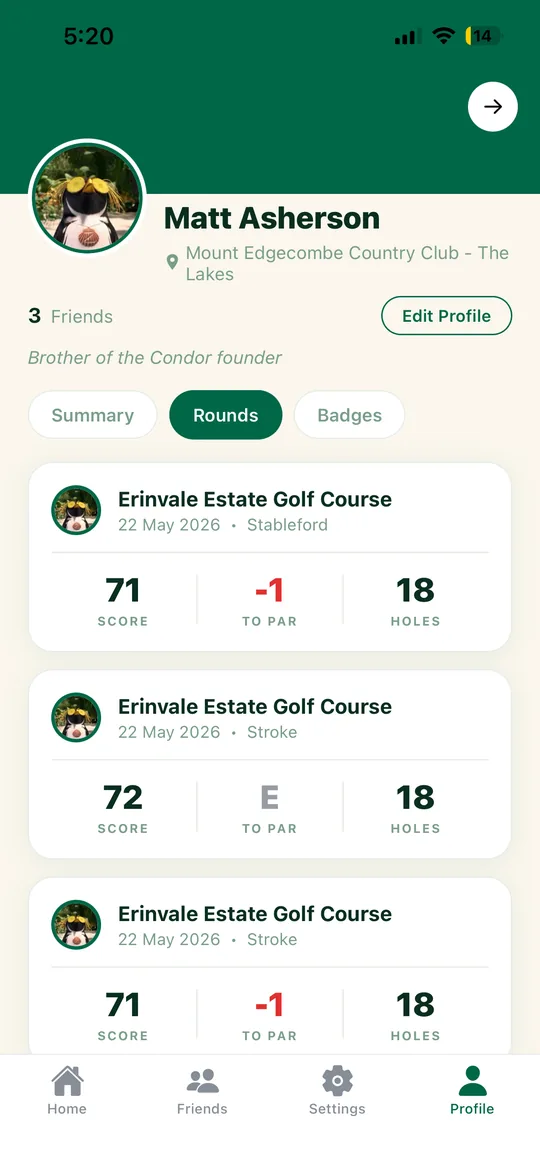 Condor app: round history screen